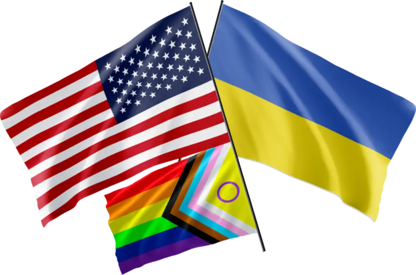 A group of flags with a rainbow flag.